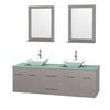 Centra 72 In. Double Vanity in Gray Oak with Green Glass Top with White Porcelain Sinks and 24 In. Mirrors