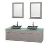 Centra 72 In. Double Vanity in Gray Oak with Green Glass Top with Black Granite Sinks and 24 In. Mirrors