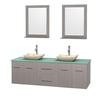 Centra 72 In. Double Vanity in Gray Oak with Green Glass Top with Ivory Sinks and 24 In. Mirrors
