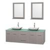 Centra 72 In. Double Vanity in Gray Oak with Green Glass Top with White Carrera Sinks and 24 In. Mirrors