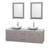Centra 72 In. Double Vanity in Gray Oak with Solid SurfaceTop with White Carrera Sinks and 24 In. Mirrors