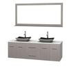 Centra 72 In. Double Vanity in Gray Oak with White Carrera Top with Black Granite Sinks and 70 In. Mirror