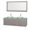 Centra 72 In. Double Vanity in Gray Oak with Green Glass Top with Bone Porcelain Sinks and 70 In. Mirror