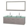 Centra 72 In. Double Vanity in Gray Oak with Green Glass Top with White Porcelain Sinks and 70 In. Mirror