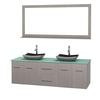 Centra 72 In. Double Vanity in Gray Oak with Green Glass Top with Black Granite Sinks and 70 In. Mirror
