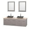 Centra 72 In. Double Vanity in Gray Oak with Ivory Marble Top with Black Granite Sinks and 24 In. Mirrors