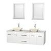 Centra 72 In. Double Vanity in White with White Carrera Top with Bone Porcelain Sinks and 24 In. Mirrors