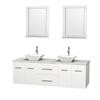 Centra 72 In. Double Vanity in White with White Carrera Top with White Porcelain Sinks and 24 In. Mirrors