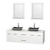 Centra 72 In. Double Vanity in White with White Carrera Top with Black Granite Sinks and 24 In. Mirrors