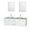 Centra 72 In. Double Vanity in White with Green Glass Top with Bone Porcelain Sinks and 24 In. Mirrors