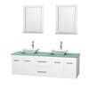 Centra 72 In. Double Vanity in White with Green Glass Top with White Porcelain Sinks and 24 In. Mirrors