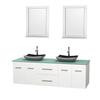 Centra 72 In. Double Vanity in White with Green Glass Top with Black Granite Sinks and 24 In. Mirrors