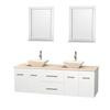Centra 72 In. Double Vanity in White with Ivory Marble Top with Bone Porcelain Sinks and 24 In. Mirrors