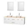 Centra 72 In. Double Vanity in White with Ivory Marble Top with White Porcelain Sinks and 24 In. Mirrors