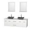 Centra 72 In. Double Vanity in White with Solid SurfaceTop with Black Granite Sinks and 24 In. Mirrors