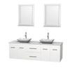 Centra 72 In. Double Vanity in White with Solid SurfaceTop with White Carrera Sinks and 24 In. Mirrors
