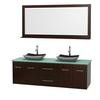 Centra 72 In. Double Vanity in Espresso with Green Glass Top with Black Granite Sinks and 70 In. Mirror