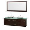 Centra 72 In. Double Vanity in Espresso with Green Glass Top with White Carrera Sinks and 70 In. Mirror