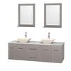 Centra 72 In. Double Vanity in Gray Oak with Solid SurfaceTop with Bone Porcelain Sinks and 24 In. Mirrors