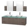 Amare 72 In. Double Grey Oak Bathroom Vanity, Green Glass Top, White Carrera Sinks, Medicine Cabinet