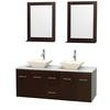 Centra 60 In. Double Vanity in Espresso, White Carrera Top, Bone Porcelain Sinks and 24 In. Mirrors