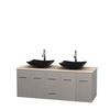 Centra 60 In. Double Vanity in Gray Oak with Ivory Marble Top with Black Granite Sinks and No Mirror