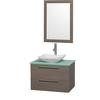 Amare 30 In. Single Grey Oak Bathroom Vanity, Green Glass Top, White Carrera Sink, 24 In. Mirror