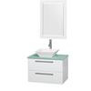 Amare 30 In. Single Glossy White Bathroom Vanity, Green Glass Top, White Sink, 24 In. Mirror