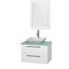 Amare 30 In. Single Glossy White Bathroom Vanity, Green Glass Top, White Carrera Sink, 24 In. Mirror