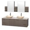 Amare 72 In. Double Grey Oak Bathroom Vanity, Solid SurfaceTop, Ivory Marble Sinks, Medicine Cabinet