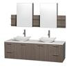 Amare 72 In. Double Grey Oak Bathroom Vanity, Solid SurfaceTop, White Carrera Sinks, Medicine Cabinet