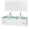 Amare 72 In. Double Bathroom Vanity in Glossy White, Green Glass Top, Bone Porcelain Sinks, 70 In. Mirror