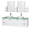 Amare 72 In. Double Bathroom Vanity in Glossy White, Green Glass Top, Bone Porcelain Sinks, Med Cabinet