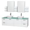 Amare 72 In. Double Bathroom Vanity in Glossy White, Green Glass Top, White Sinks, Medicine Cabinet
