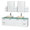 Amare 72 In. Double Bathroom Vanity in Glossy White, Green Glass Top, Ivory Marble Sinks, Med Cabinet