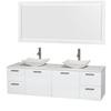 Amare 72 In. Double Bathroom Vanity in Glossy White, Solid SurfaceTop, White Carrera Sinks, 70 In. Mirror