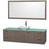 Amare 72 In. Single Grey Oak Bathroom Vanity, Green Glass Top, White Carrera Sink, 70 In. Mirror