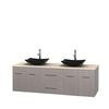 Centra 72 In. Double Vanity in Gray Oak with Ivory Marble Top with Black Granite Sinks and No Mirror