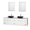 Centra 80 In. Double Vanity in White with White Carrera Top with Black Granite Sinks and 24 In. Mirrors