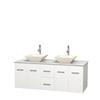 Centra 60 In. Double Vanity in White with White Carrera Top with Bone Porcelain Sinks and No Mirror