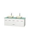 Centra 60 In. Double Vanity in White with Green Glass Top with Bone Porcelain Sinks and No Mirror