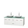 Centra 60 In. Double Vanity in White with Green Glass Top with White Carrera Sinks and No Mirror