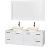 Amare 60 In. Double Bathroom Vanity in Glossy White, Solid SurfaceTop, Bone Porcelain Sinks, 58 In. Mirror