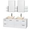 Amare 60 In. Double Bathroom Vanity in Glossy White, Solid SurfaceTop, Ivory Marble Sinks, Med Cabinet