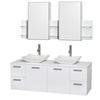 Amare 60 In. Double Bathroom Vanity in Glossy White, Solid SurfaceTop, White Carrera Sinks, Med Cabinet