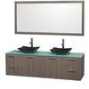 Amare 72 In. Double Grey Oak Bathroom Vanity, Green Glass Top, Black Granite Sinks, 70 In. Mirror