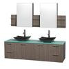Amare 72 In. Double Grey Oak Bathroom Vanity, Green Glass Top, Black Granite Sinks, Medicine Cabinet