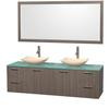 Amare 72 In. Double Grey Oak Bathroom Vanity, Green Glass Top, Ivory Marble Sinks, 70 In. Mirror