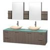 Amare 72 In. Double Grey Oak Bathroom Vanity, Green Glass Top, Ivory Marble Sinks, Medicine Cabinet