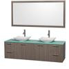 Amare 72 In. Double Grey Oak Bathroom Vanity, Green Glass Top, White Carrera Sinks, 70 In. Mirror
